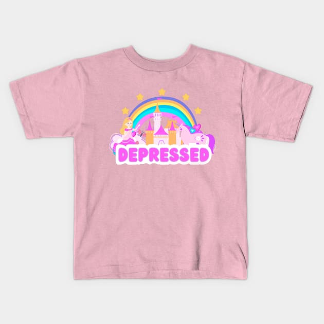 Depressed Unicorn Rainbow Kids T-Shirt by Sandekala